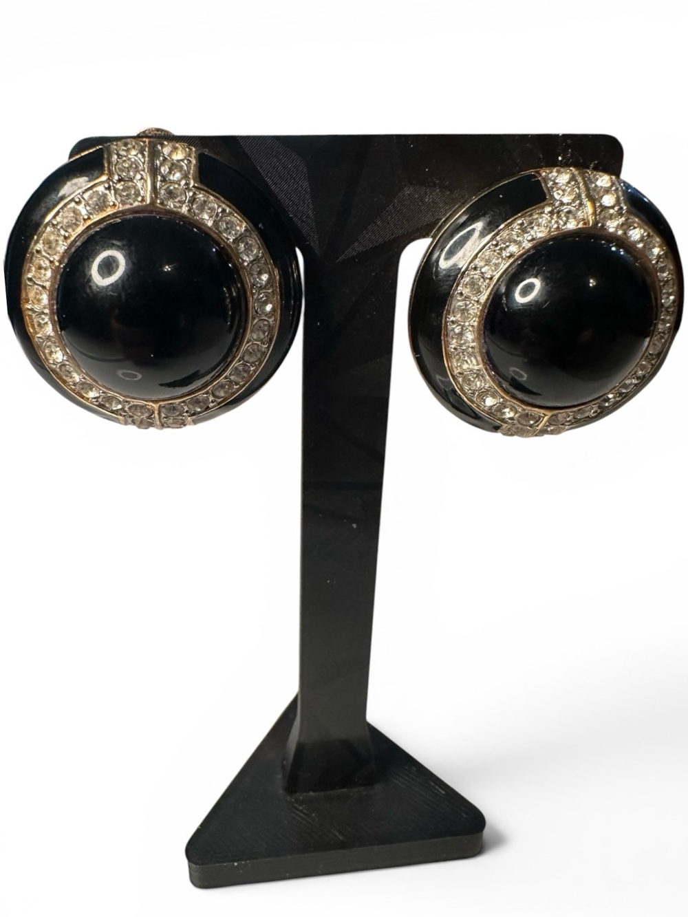 Vintage Les Bernard Black Enamel & Rhinestone Clip-On Earrings